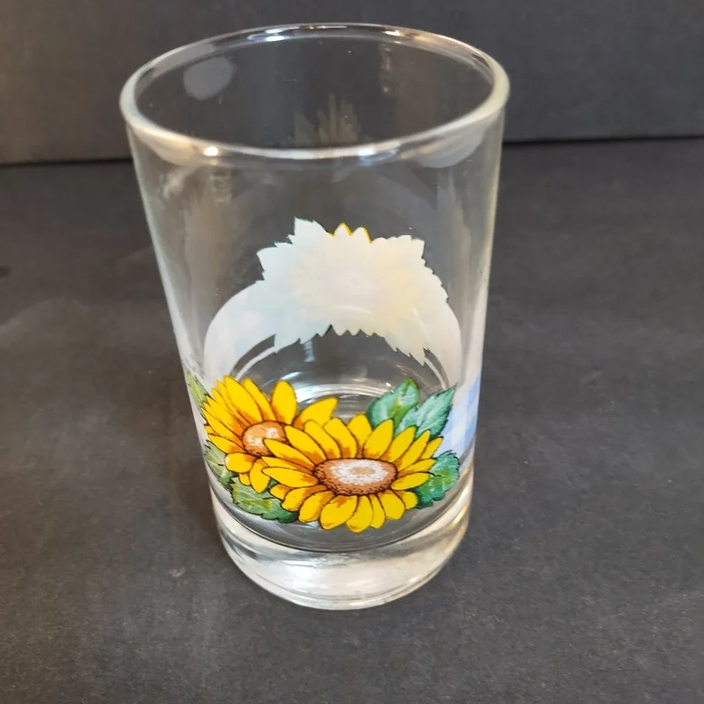 VTG Corelle Sunsations CRISA 5 pc Juice Glass Set Sunflowers Gingham 7 oz Blue